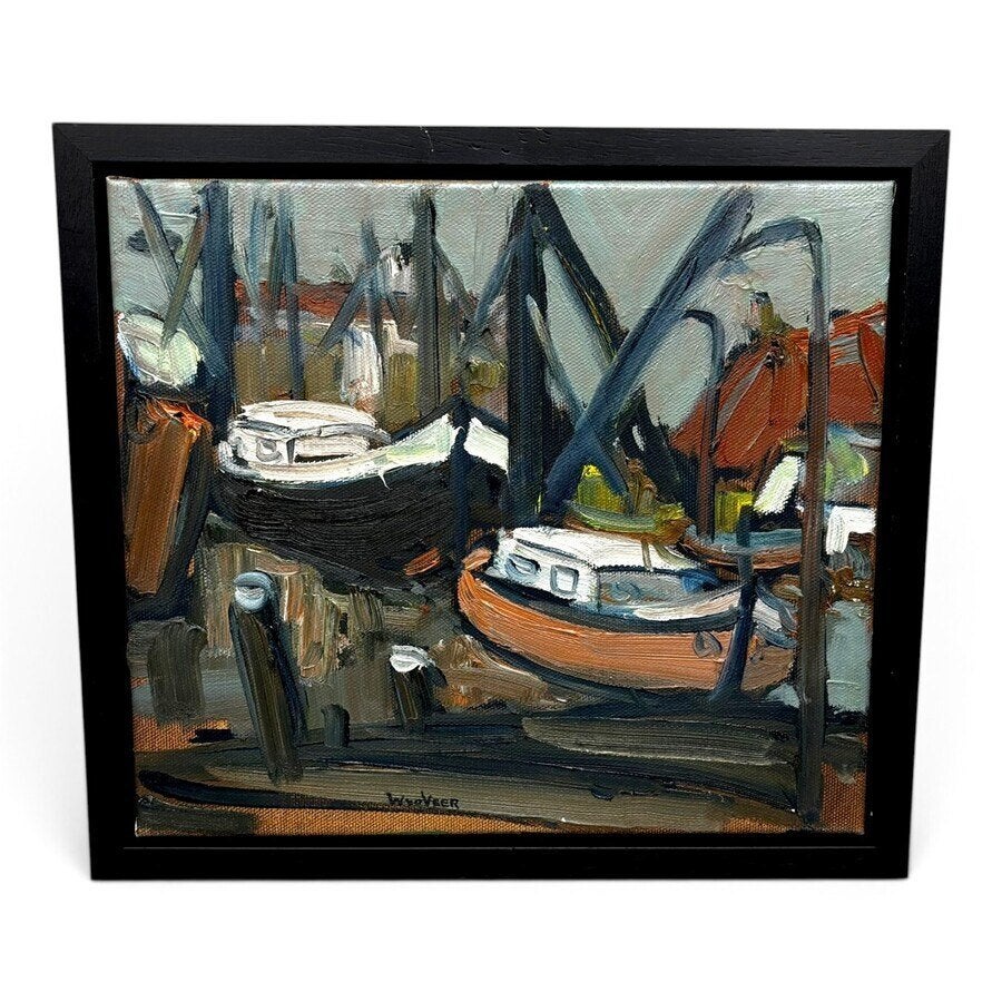 Wim van der Veer (1939) - Twee boten in een scheepswerf, Landschap, Gesigneerd, Ophalen of Verzenden, Olieverf