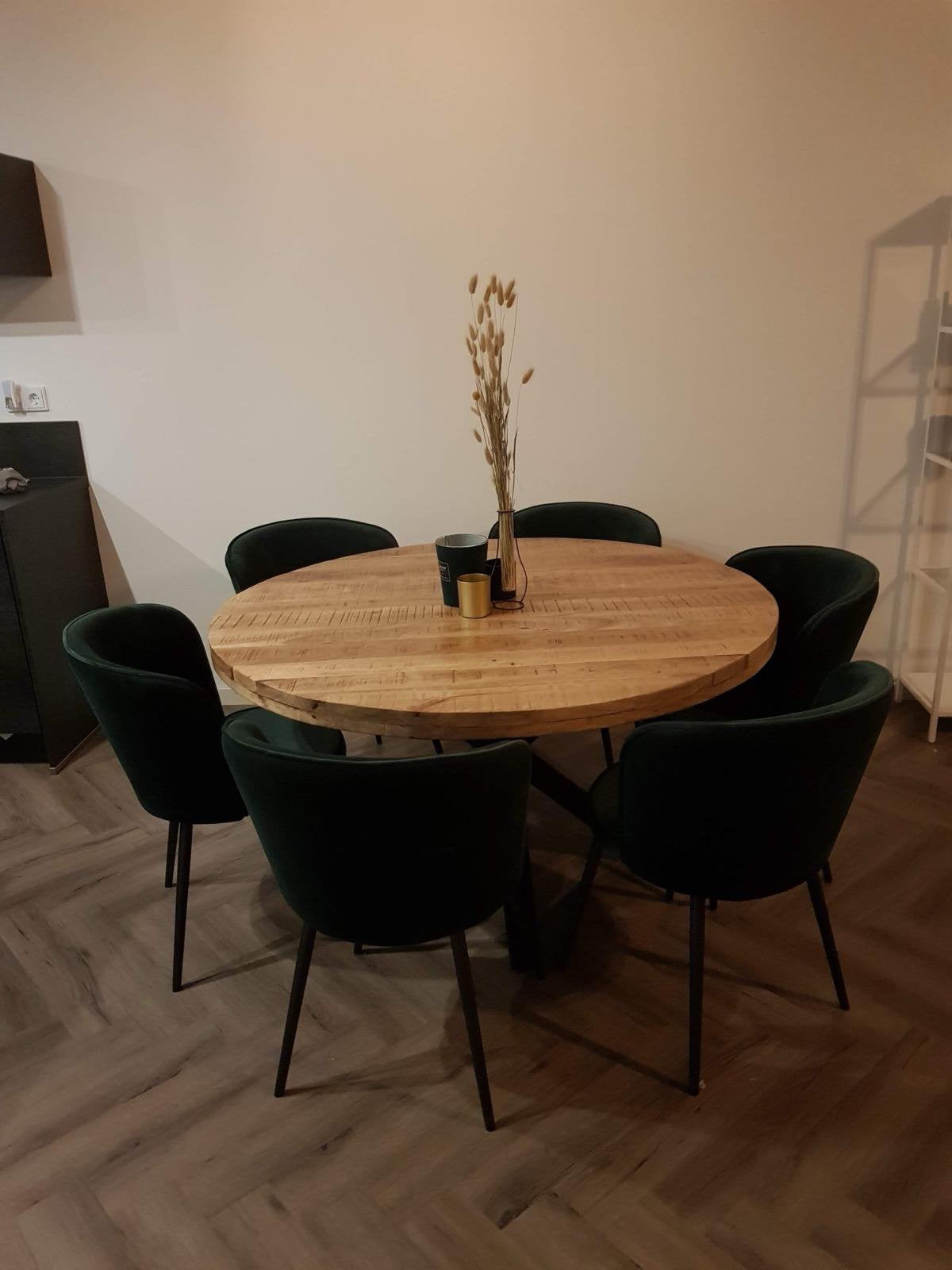 Mango eettafel 140cm incl 6 velvet groene stoelen, Huis en Inrichting, Tafels | Eettafels, Ophalen of Verzenden, Zo goed als nieuw
