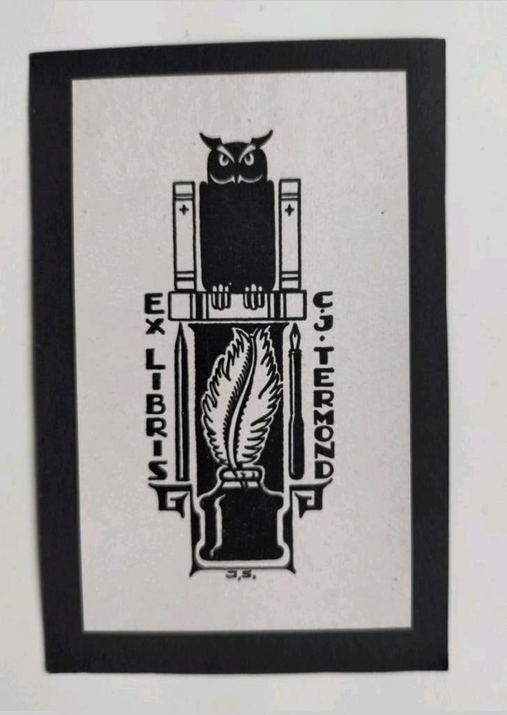 Exlibris C.J. Termond (uil boeken (wijsheid), veer, inktpot), Ophalen of Verzenden