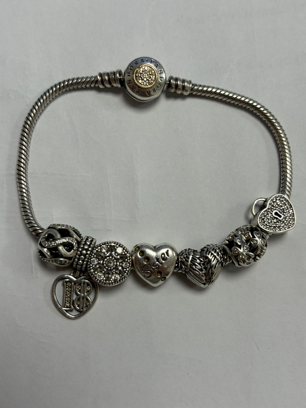 Pandora armband 20cm met 7 originele bedels, Ophalen of Verzenden, Zo goed als nieuw, Zilver