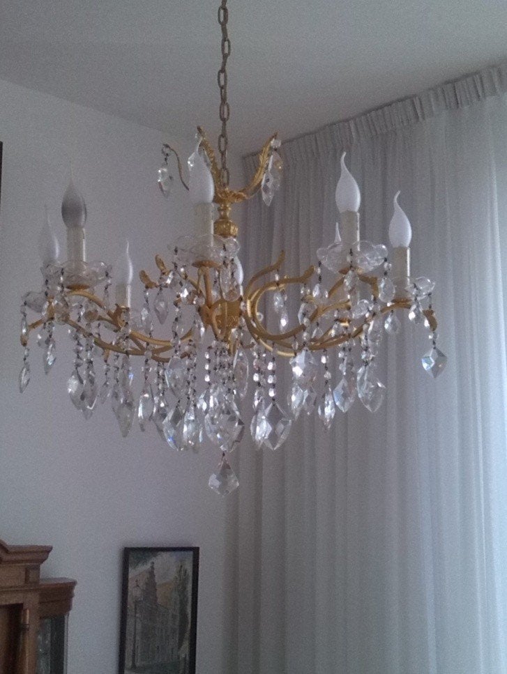 Bronzen lamp met kristallen te koop, Ophalen, Klassiek, E14 (klein), Zo goed als nieuw