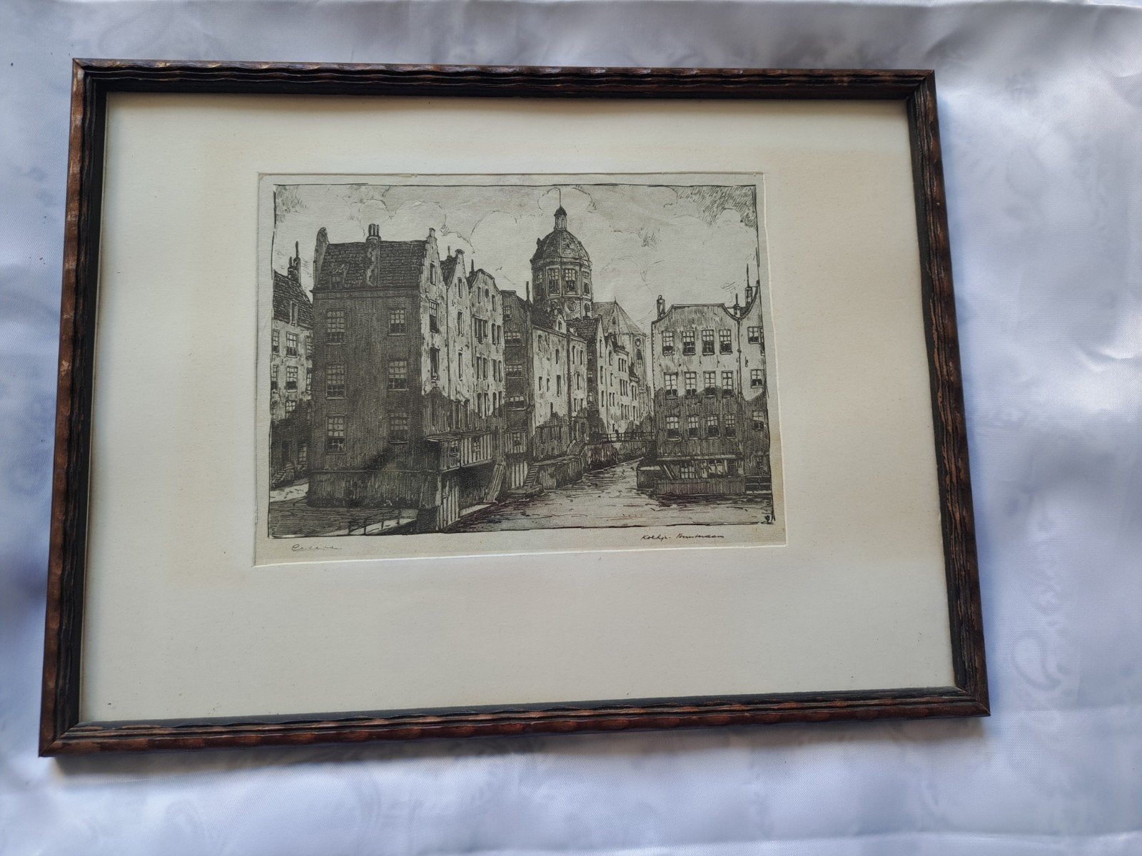 Ets/Gravure 't Kolkje Amsterdam, Sint-Nicolaaskerk, Antiek en Kunst, Ophalen of Verzenden, Stadsgezicht, Ets, Ingelijst