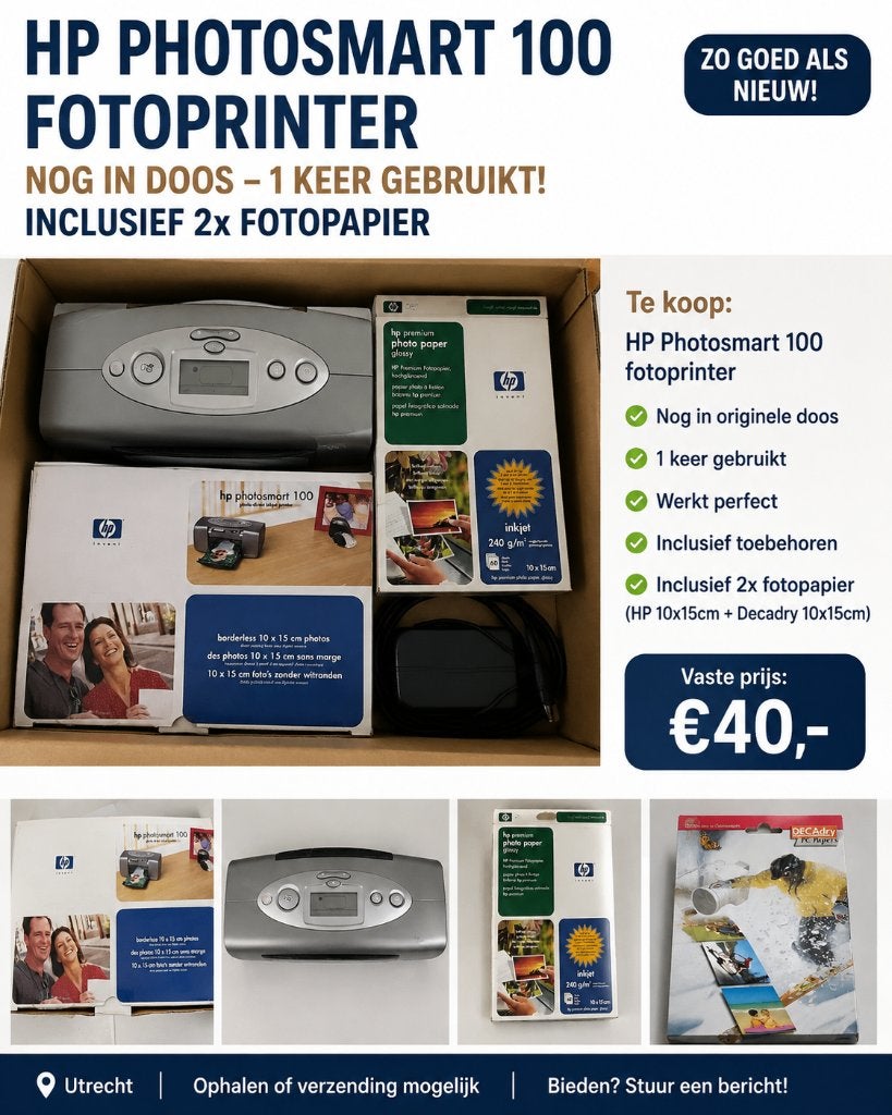 HP Photosmart 100 fotoprinter – zo goed als nieuw – €40, Ophalen, Fotoprinter, Inkjetprinter, Kleur printen