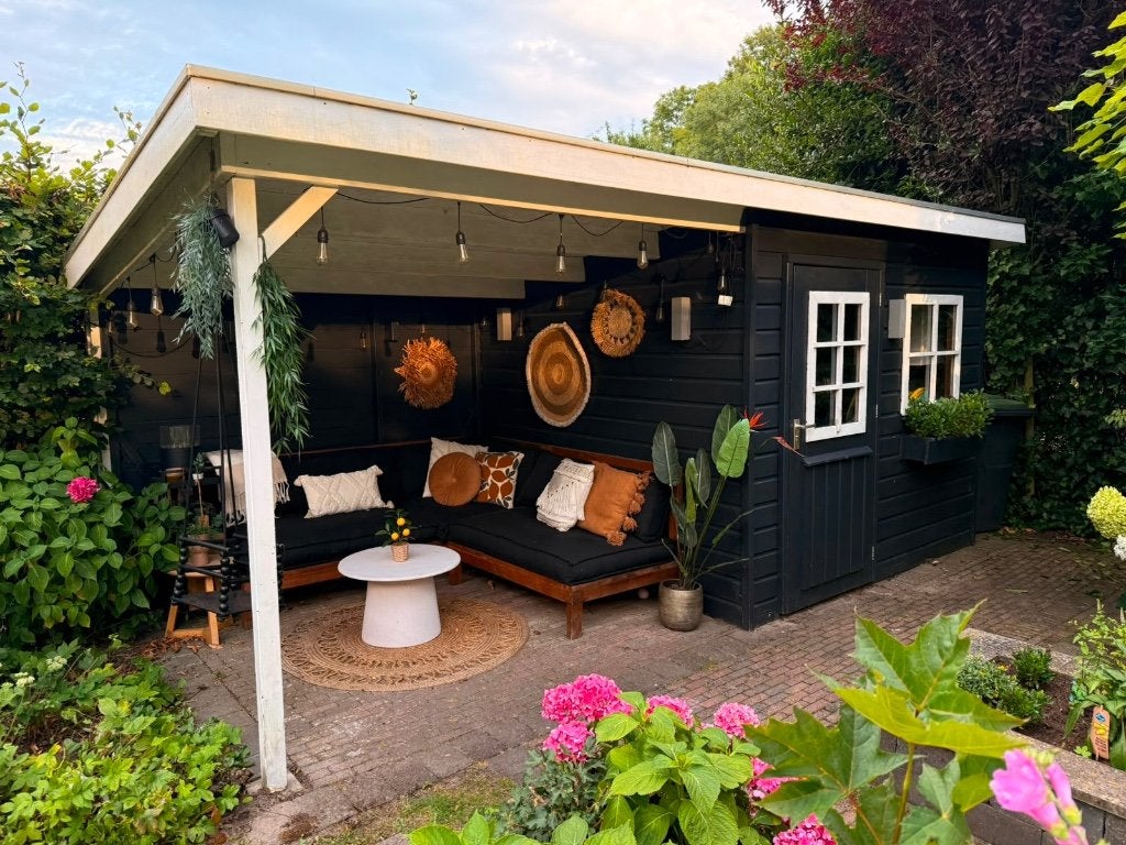 Tuinhuis met overkapping en schuur - zelf demonteren, Ophalen, Gebruikt, Tuinhuis, 250 tot 500 cm