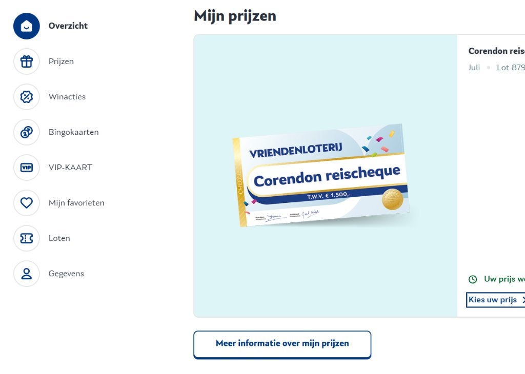 Reischeque Corendon Vriendenloterij, Eén persoon, Kortingsbon, Overige typen
