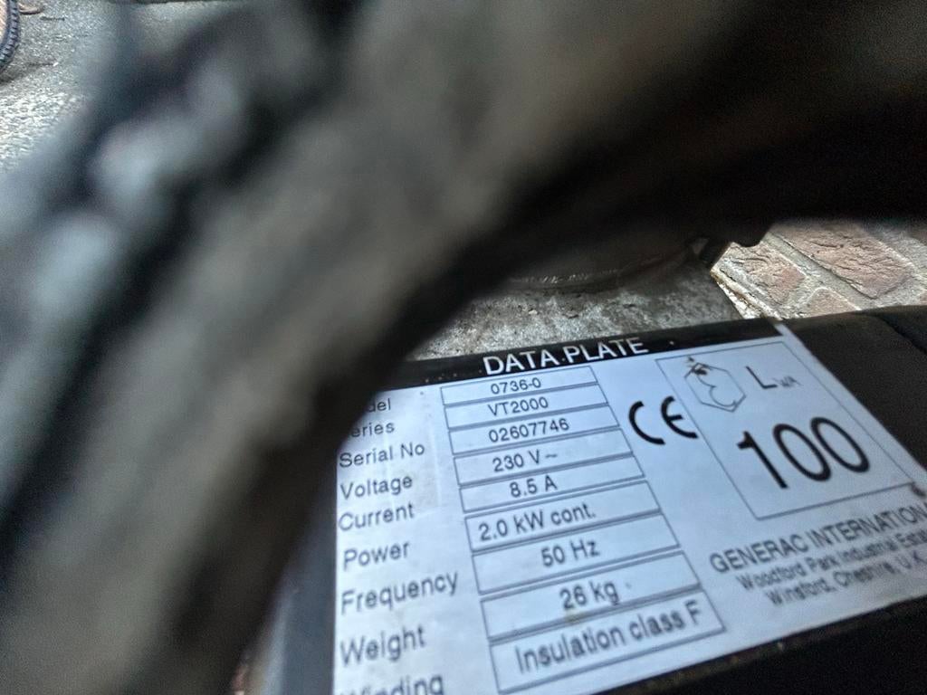 Generac VT2000 Benzine Generator - 2.0 kW, Ophalen of Verzenden, Gebruikt