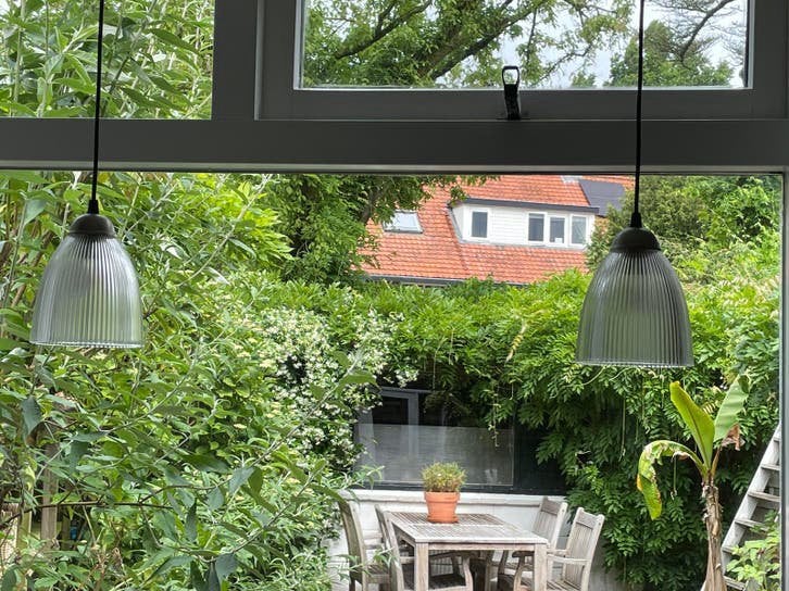2 glazen hanglampjes ( in Hilversum ), Ophalen of Verzenden, Gebruikt, Glas
