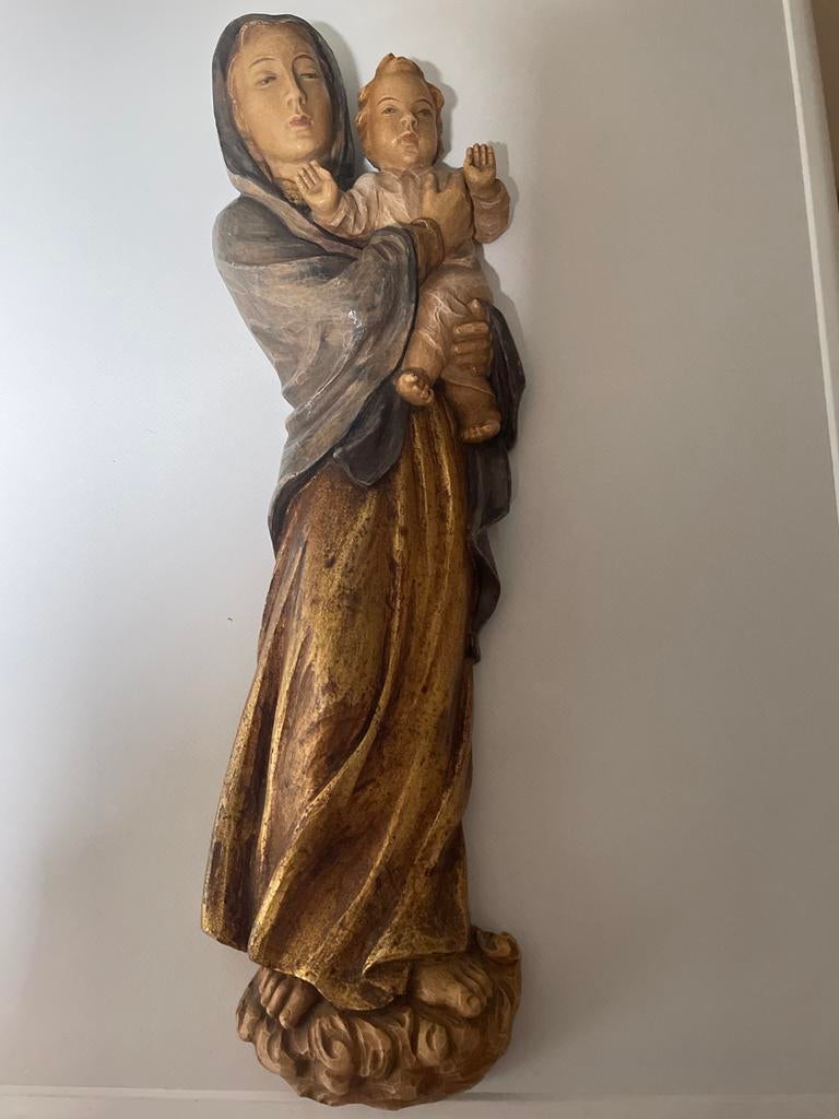 Houten beeld Maria met kind, handgesneden, Antiek en Kunst, Antiek | Religie, Ophalen of Verzenden