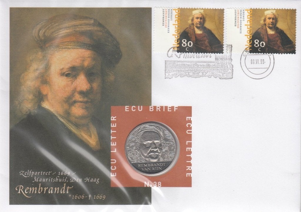 Nederland ECU brief No. 38 Rembrandt van Rijn 1999+ penning, Ophalen of Verzenden, Overige materialen, Nederland