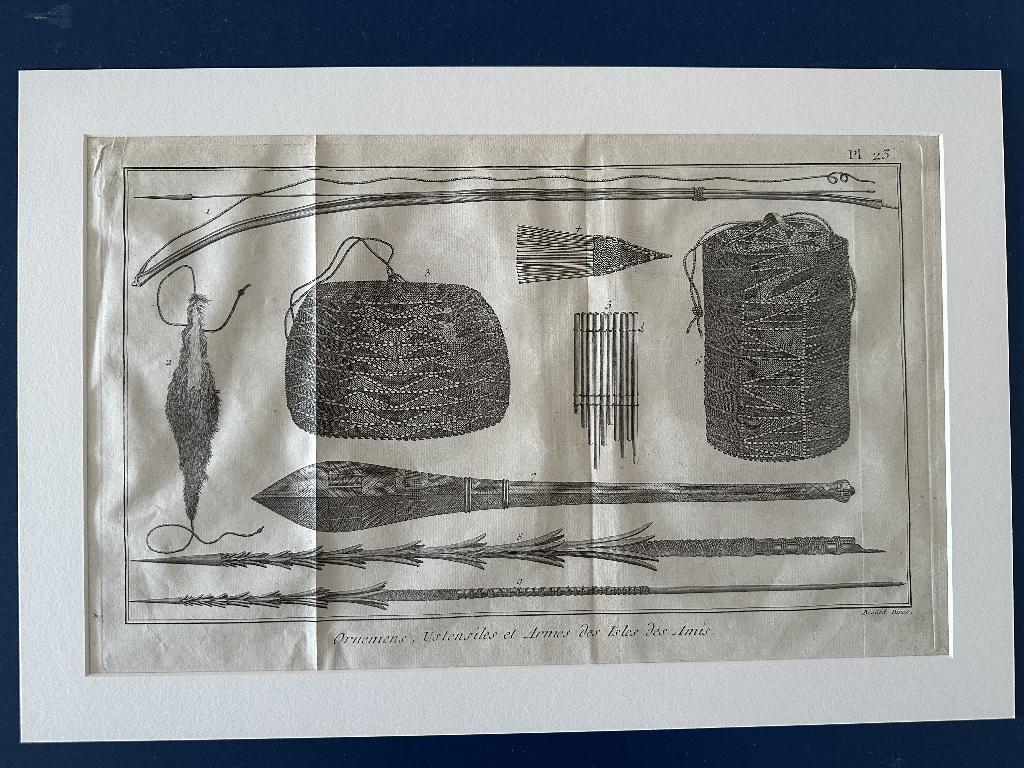 Kopergravure - voorwerpen uit de Tonga-eilanden, Antiek en Kunst, Dagelijks leven, Ingelijst, 30 cm, Ophalen of Verzenden