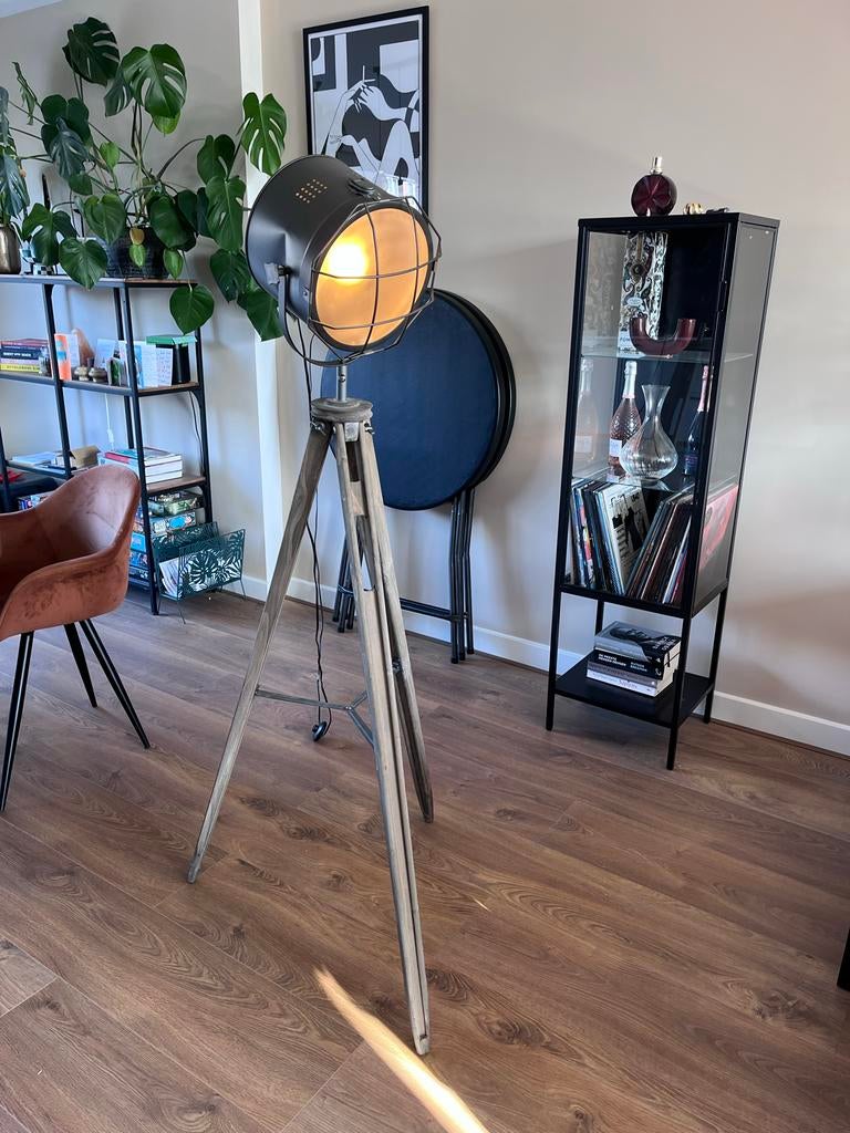 Vloerlamp met Houten Statief - Industriële Stijl, Ophalen, Gebruikt, Hout, 150 tot 200 cm