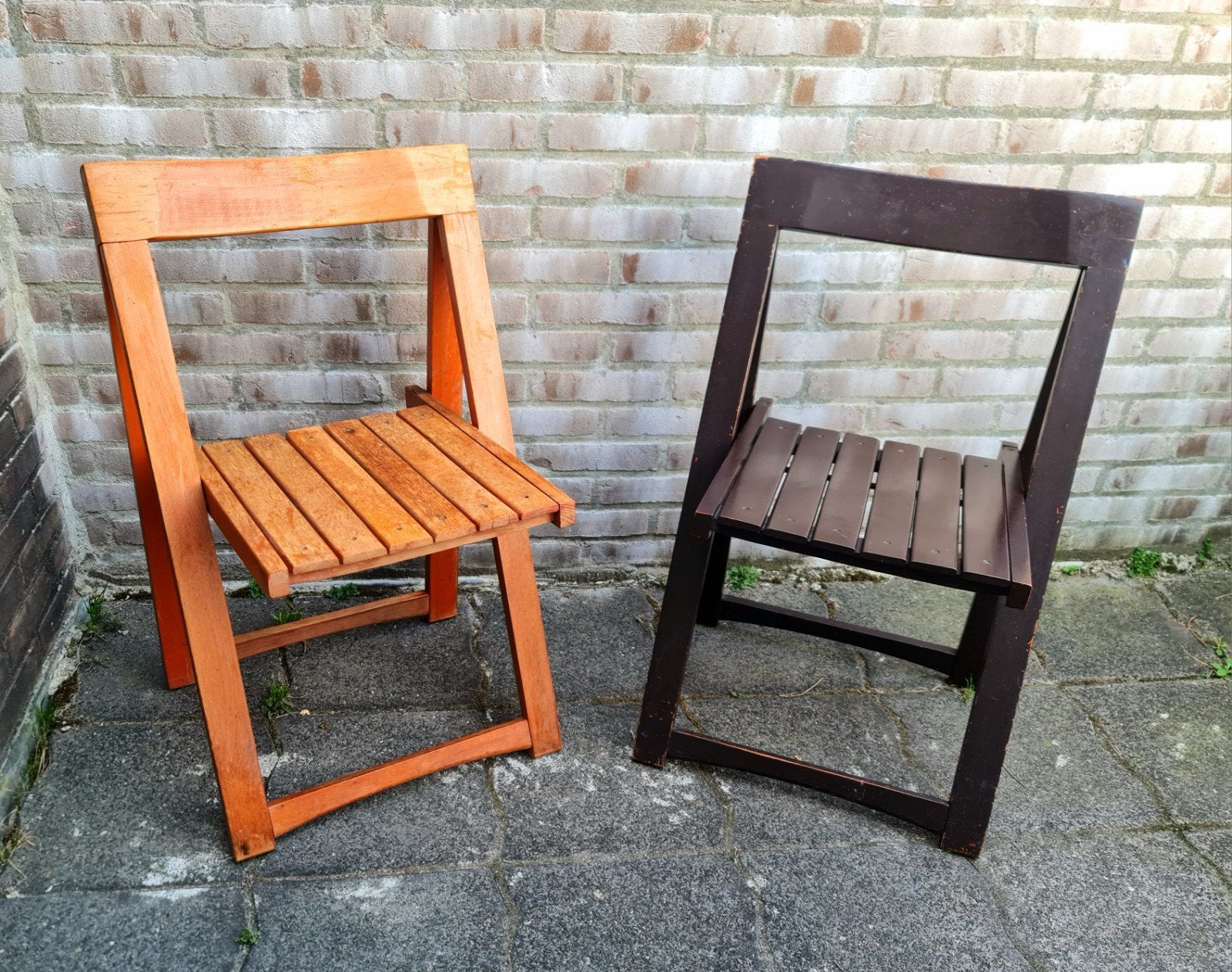 Aldo Jacober design klapstoelen Trieste hout cognac + bruin, Ophalen, Gebruikt, Hout, Inklapbaar