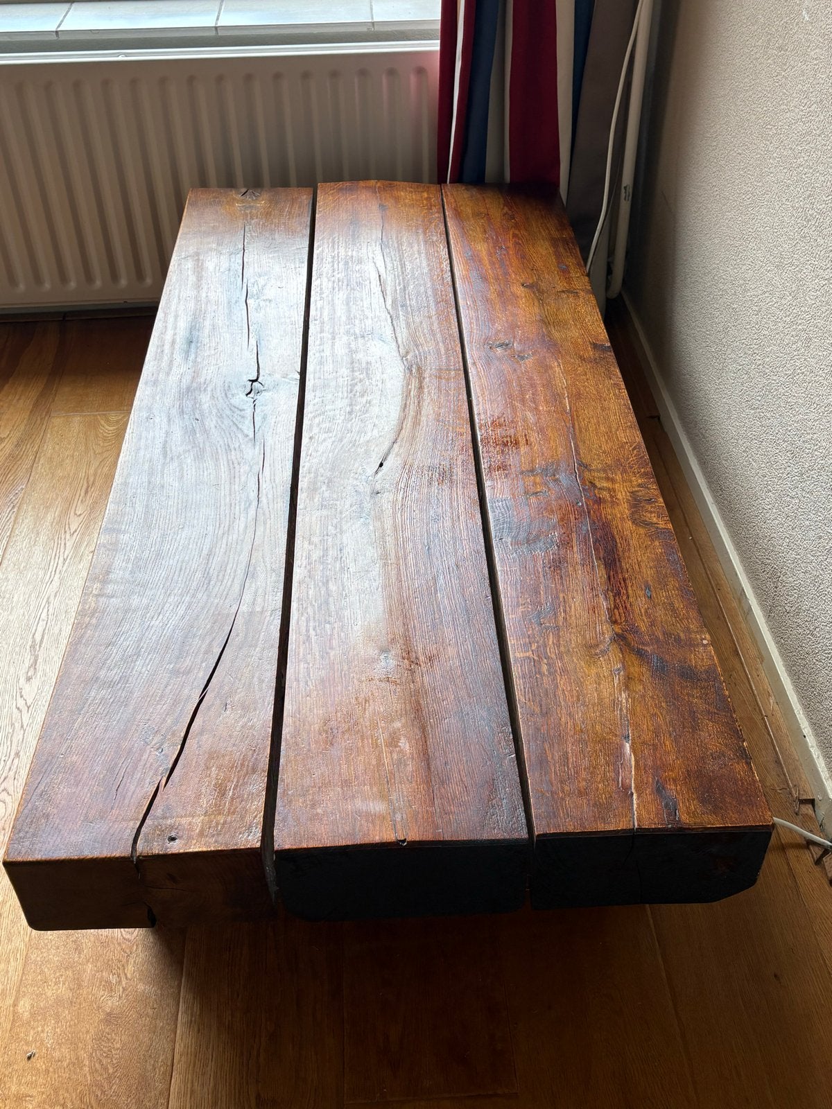 Robuuste houten bielzen salontafel, Ophalen, Gebruikt, 100 tot 150 cm, 50 tot 100 cm