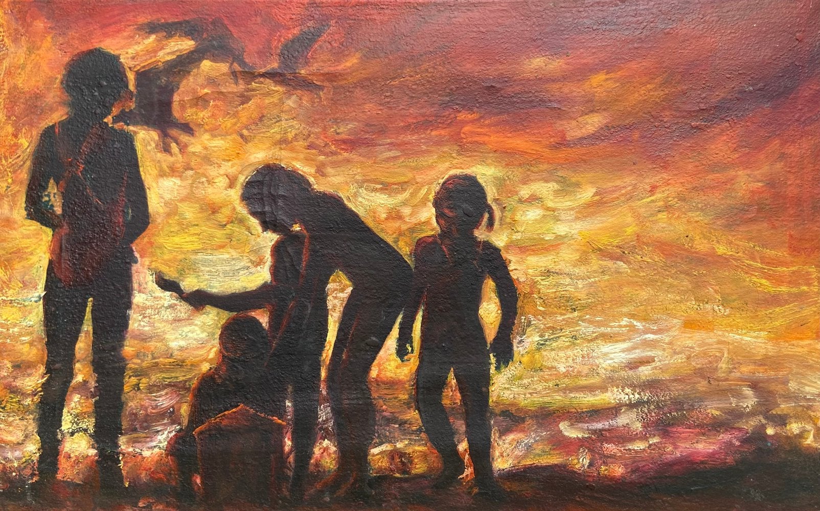 Het einde van de stranddag, Portret of Personen, Overige ondergronden, Ophalen of Verzenden, Olieverf