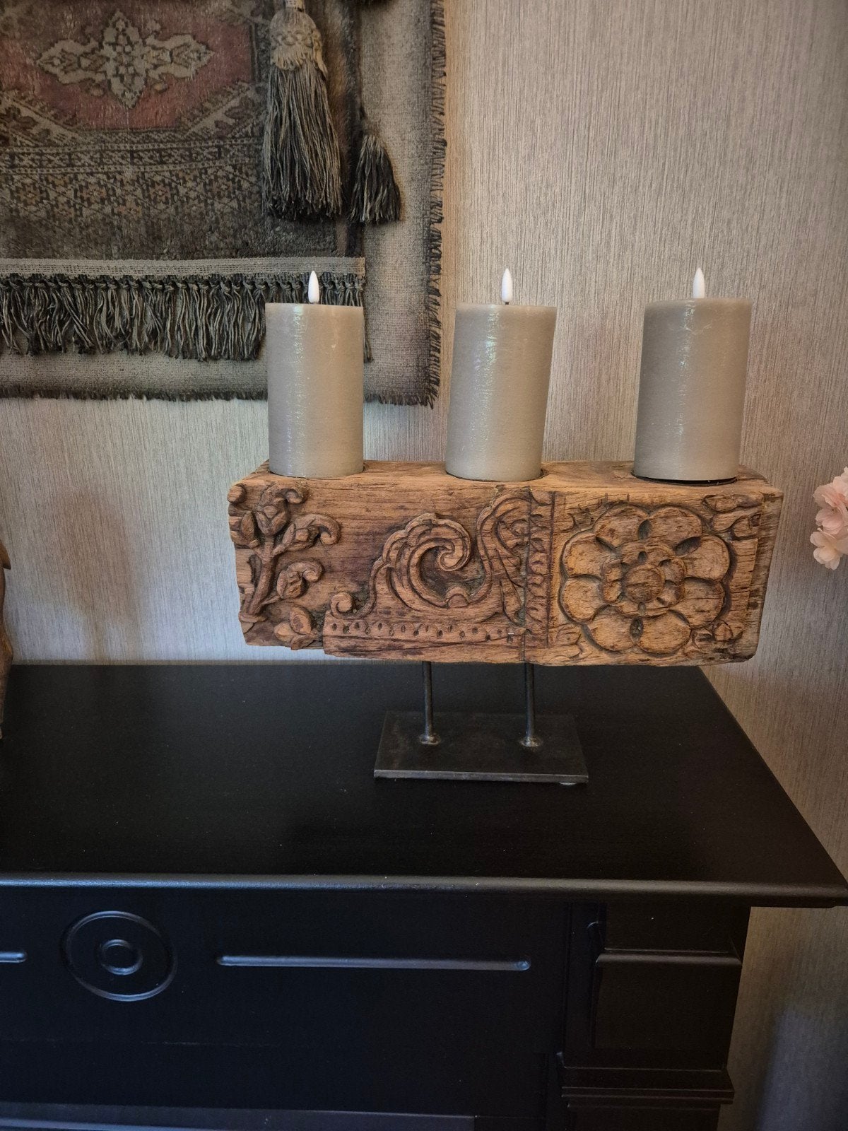 Unieke handgesneden houten kandelaar met 3 kaarsen, Gebruikt, Bruin, Overige merken, Ophalen of Verzenden