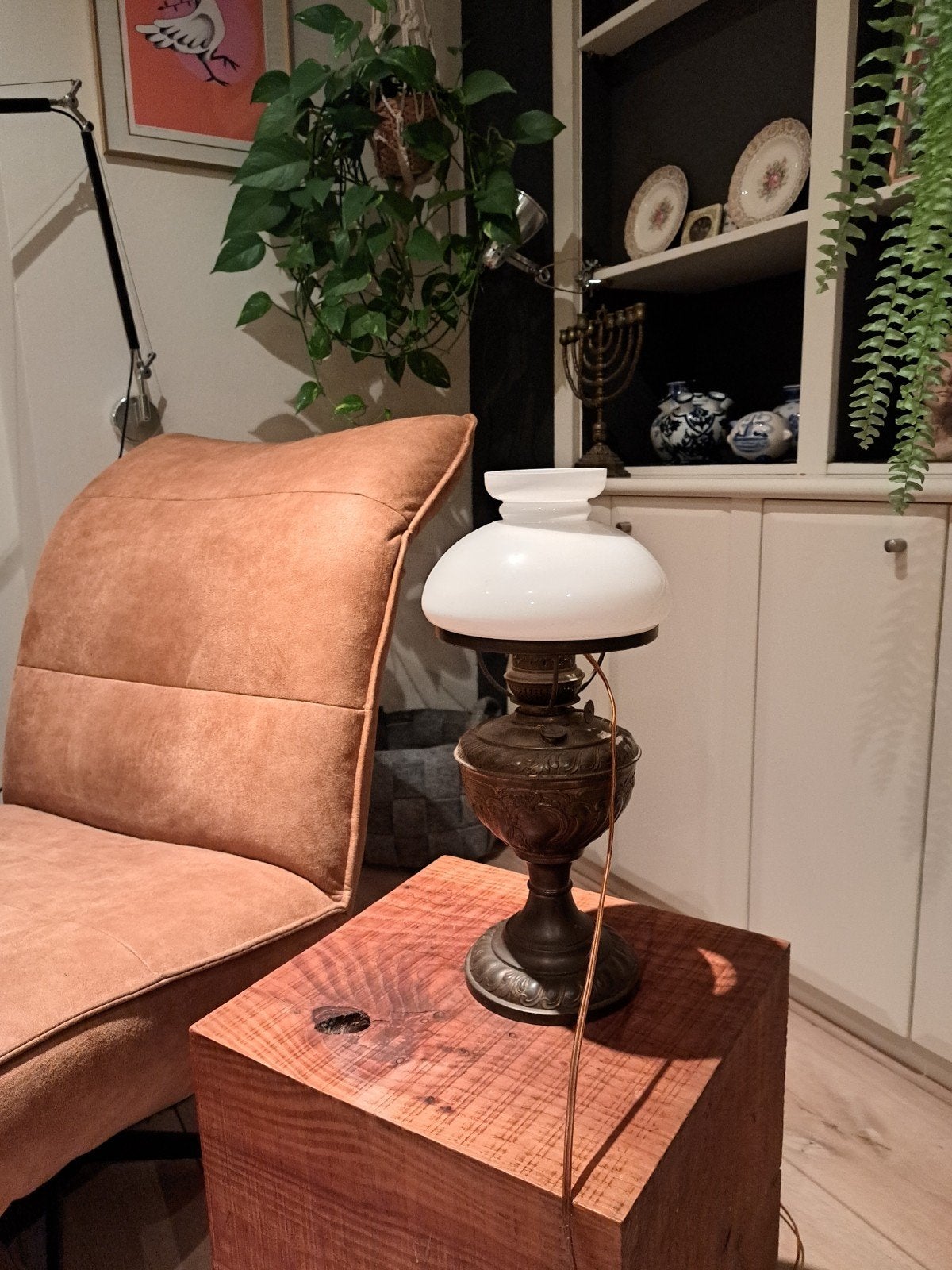 Antieke olielamp, omgebouwd naar elektrisch, 45 cm hoog, Antiek en Kunst, Ophalen