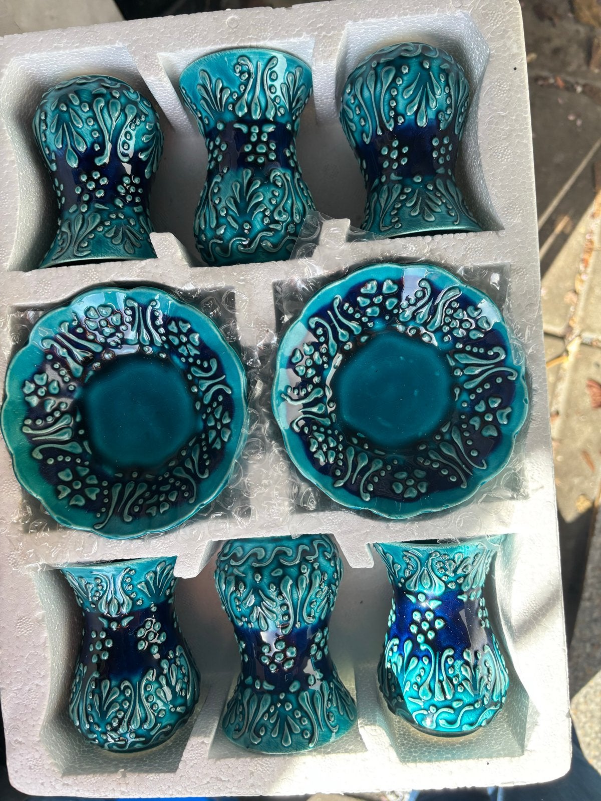 Turquoise theeservies met 6 kopjes en schotels, Aziatisch, Overige merken, Keramiek, Nieuw