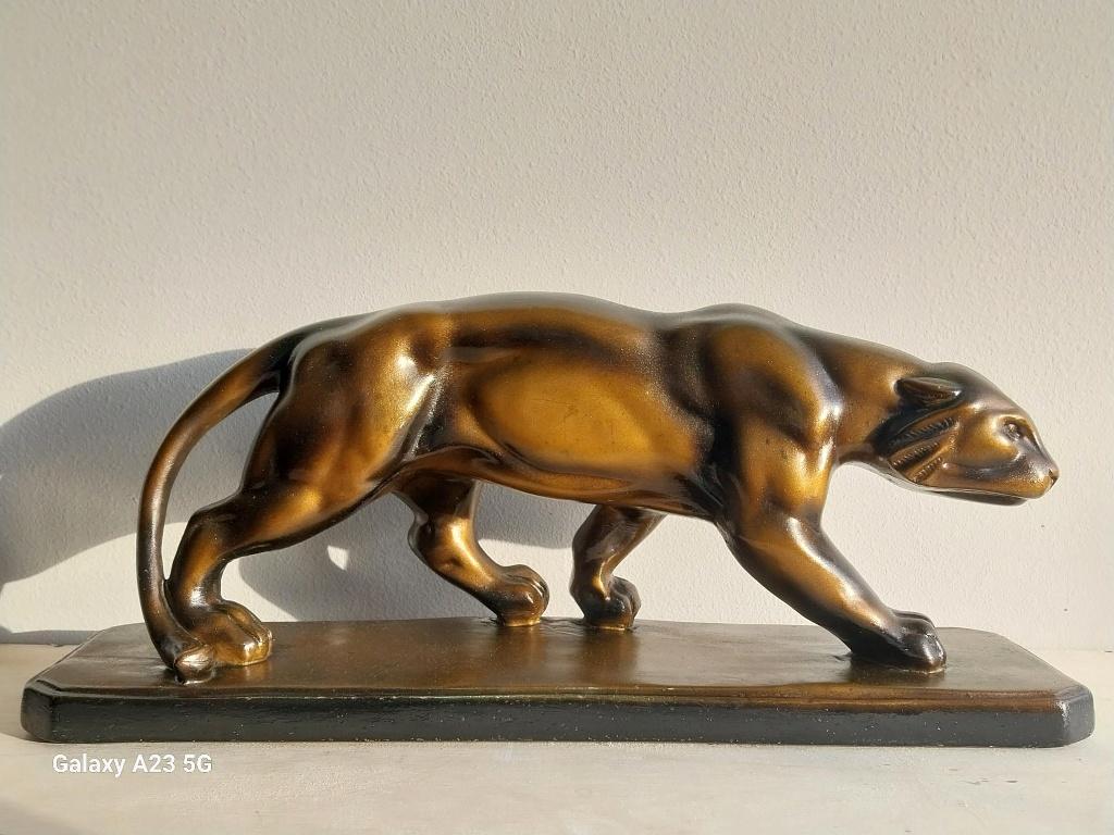 Art Deco panter tijger beeld gesigneerd Santi – Franse stijl, Antiek en Kunst, Gips, Zoogdier, Beeld, Goud