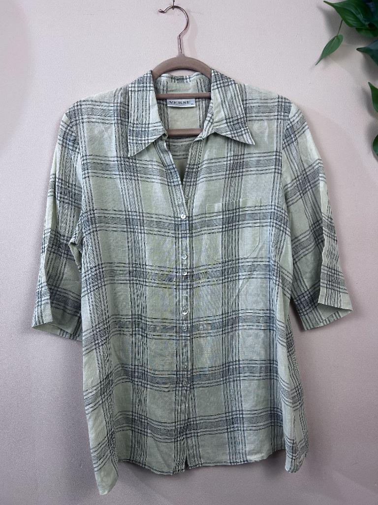 Verse Geruite Linnen Blouse Lichtgroen Dames M, Maat 38/40 (M), Ophalen of Verzenden, Zo goed als nieuw, N.v.t