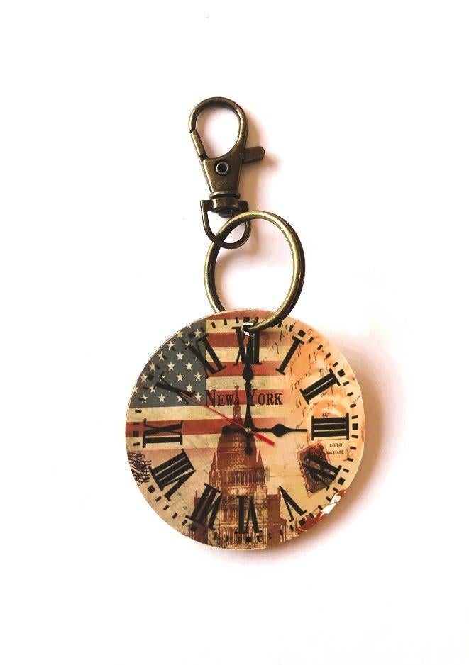 Sleutelhanger New York vintage klok hout rond - metaal brons, Verzenden, Nieuw