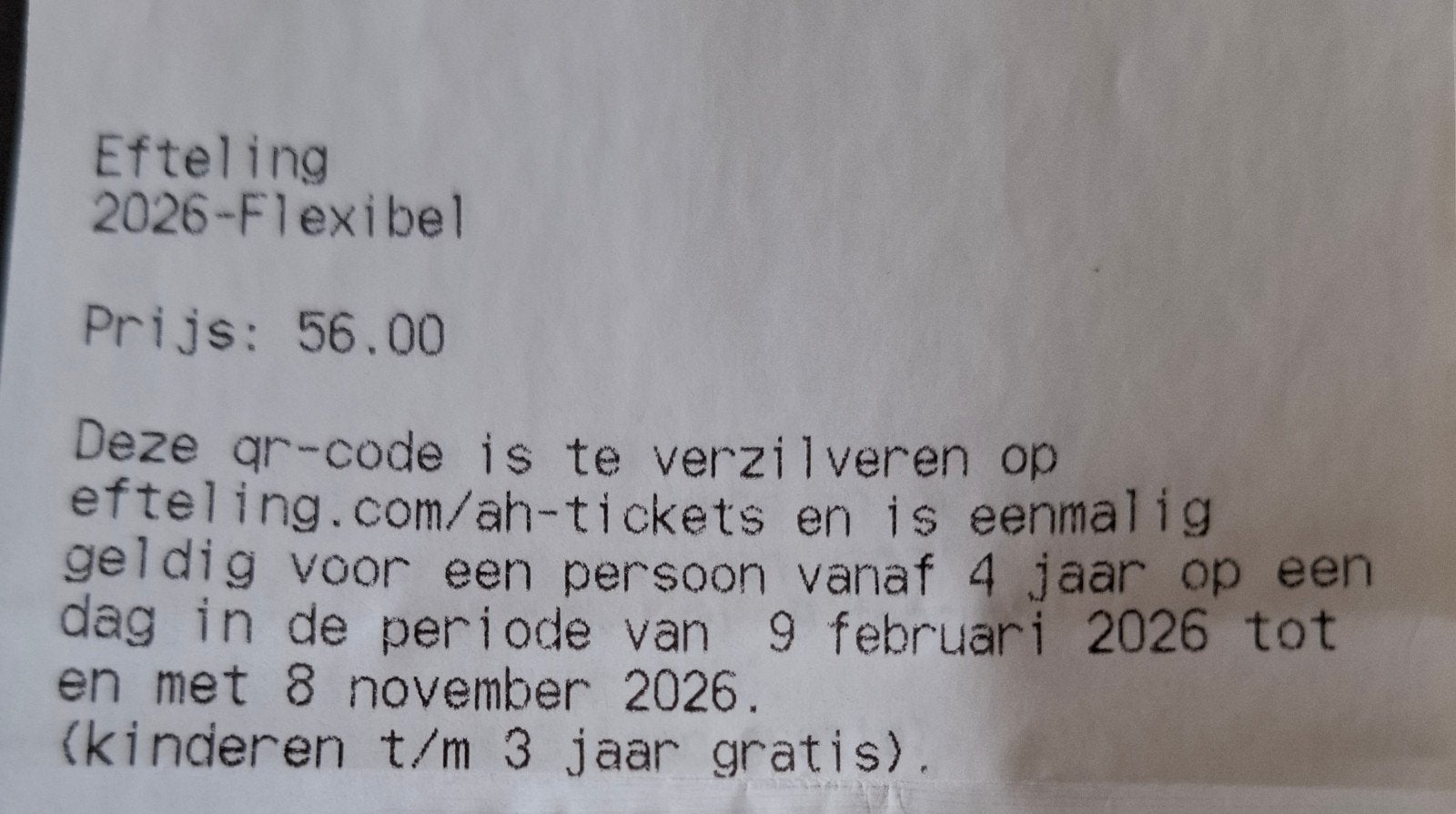 Efteling kaartje ticket, Eén persoon, Ticket of Toegangskaart