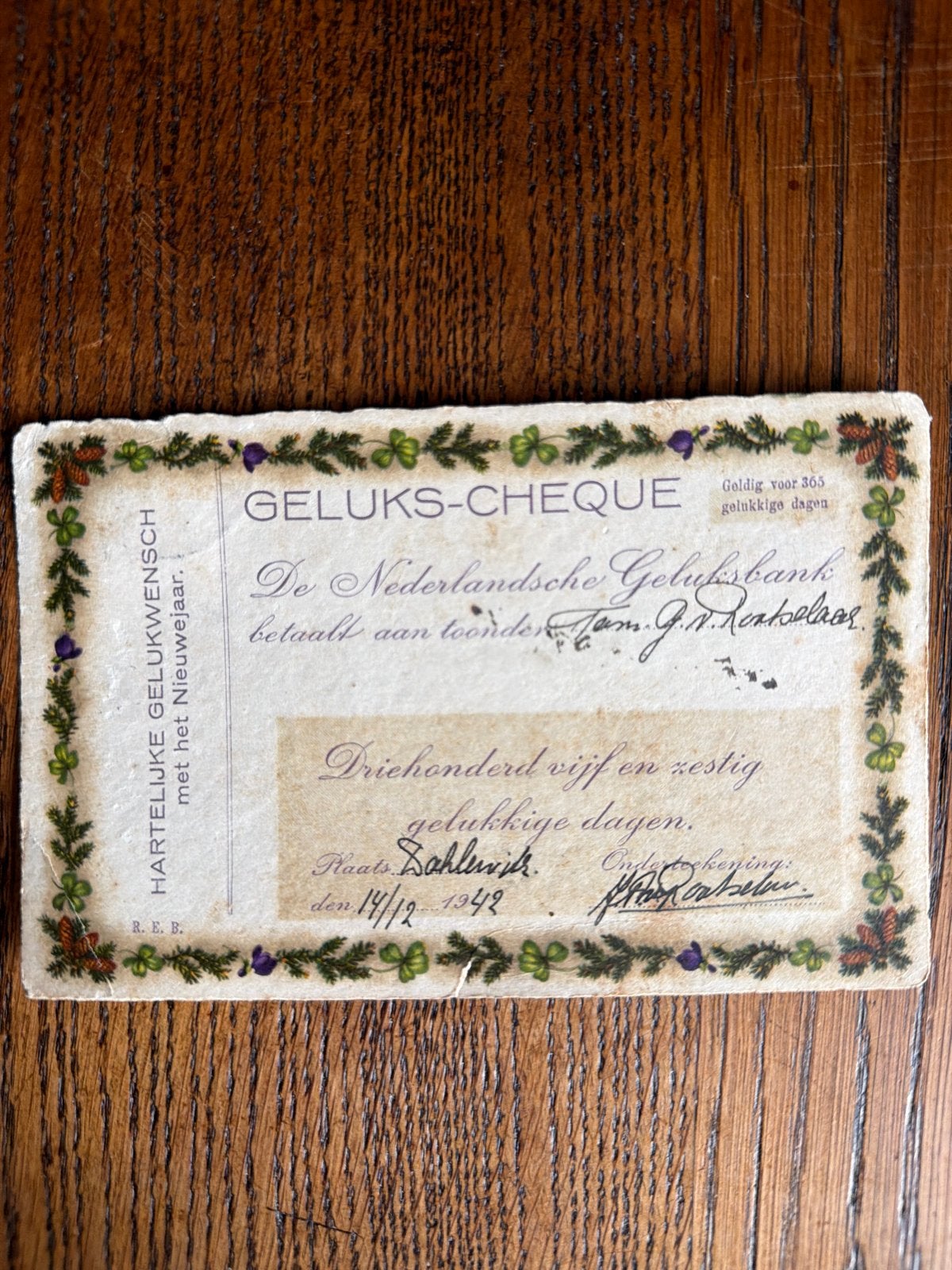 Zeldzame Geluks-Cheque Nieuwjaarskaart 1942, Verzamelen, Ophalen of Verzenden, 1940 tot 1960, Gelopen, Zuid-Holland
