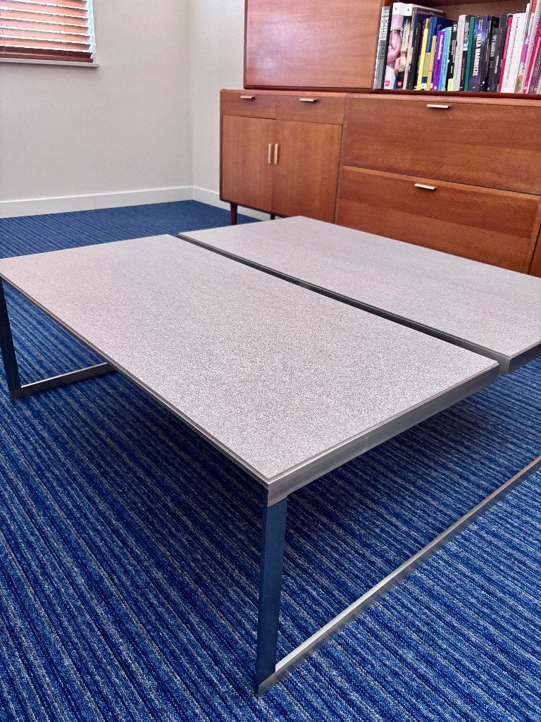 Salontafel RVS Metaform 100x100 + composiet grijs blad, Ophalen, 50 tot 100 cm, Vierkant, 50 tot 100 cm