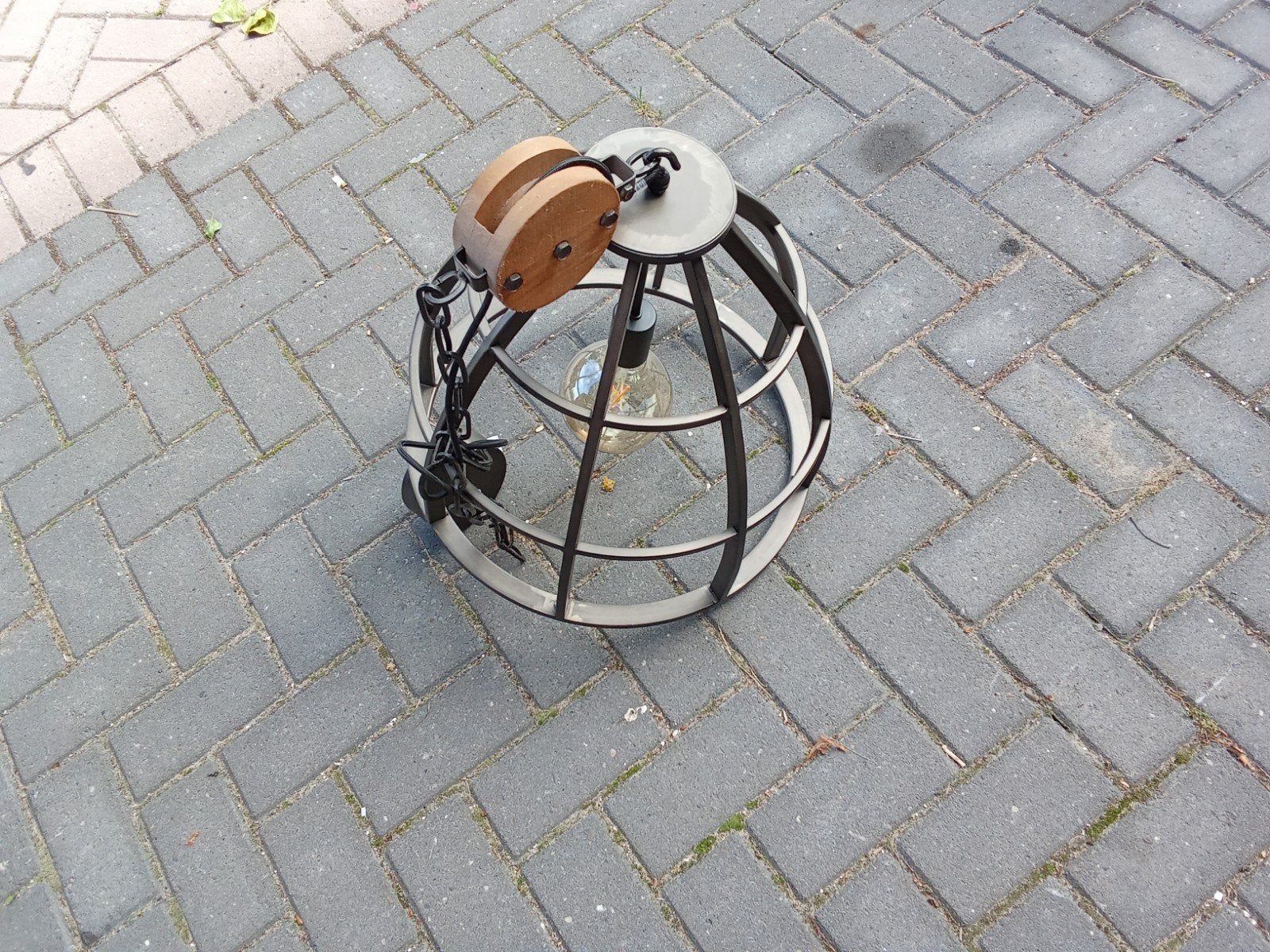 Industriële hanglamp met katrol en kooi, Ophalen, E27 (groot), Zo goed als nieuw, Industrieel, Vintage
