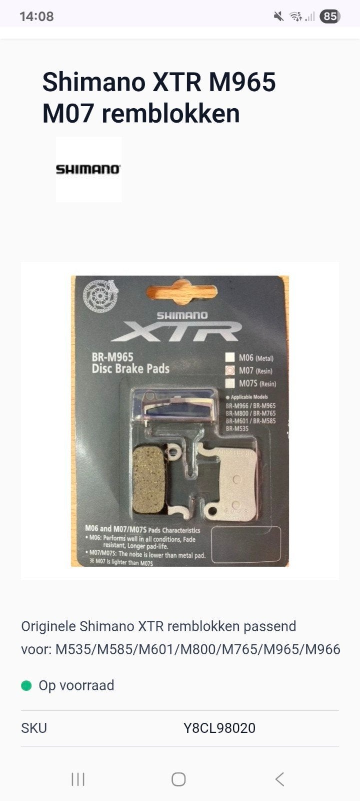 Shimano M07 Resin remblokken origineel, Fietsen en Brommers, Elektrische fiets, Remmen, Overige materialen, Nieuw
