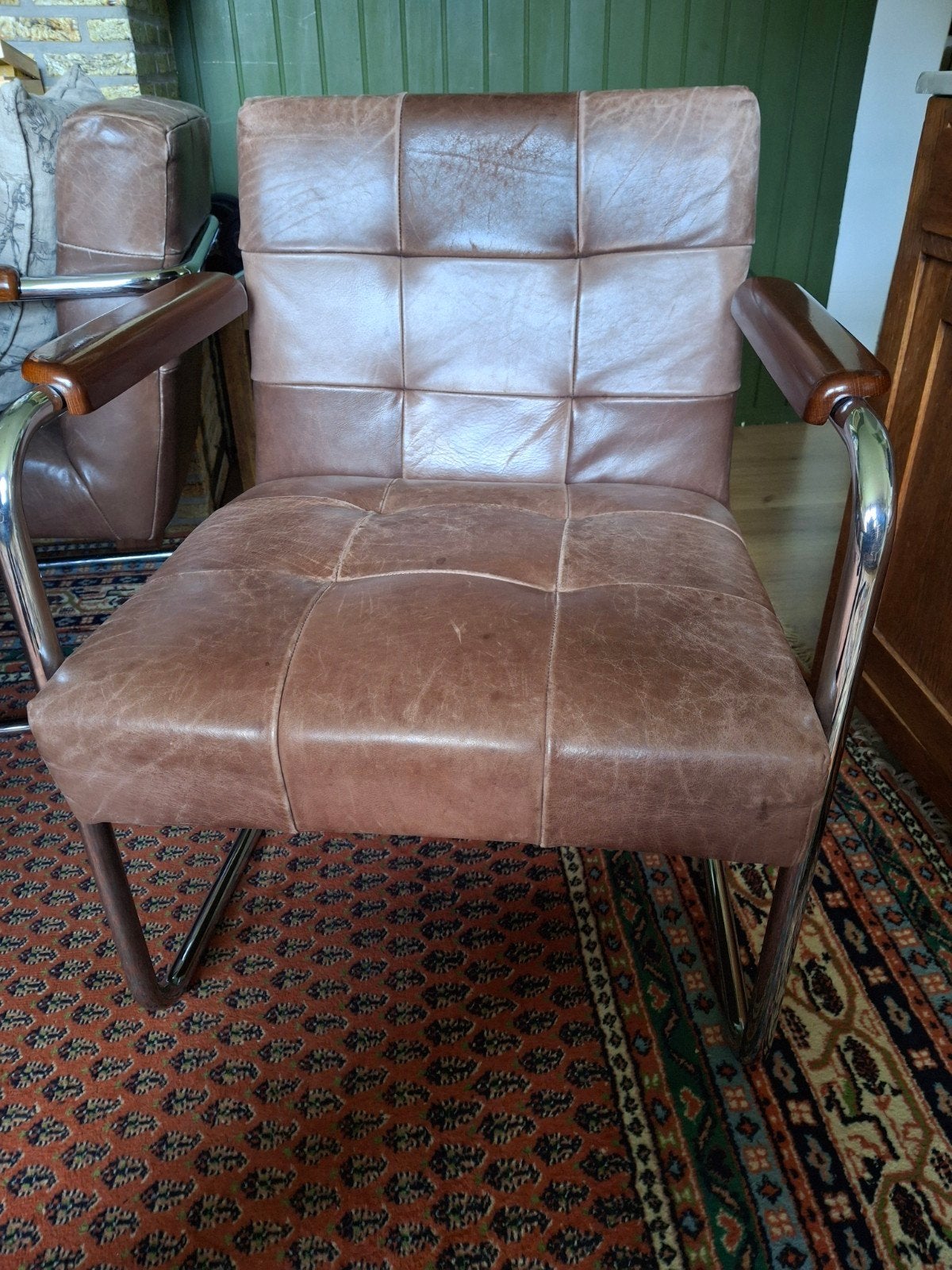 vintage Leren fauteuil met chromen frame, Ophalen of Verzenden