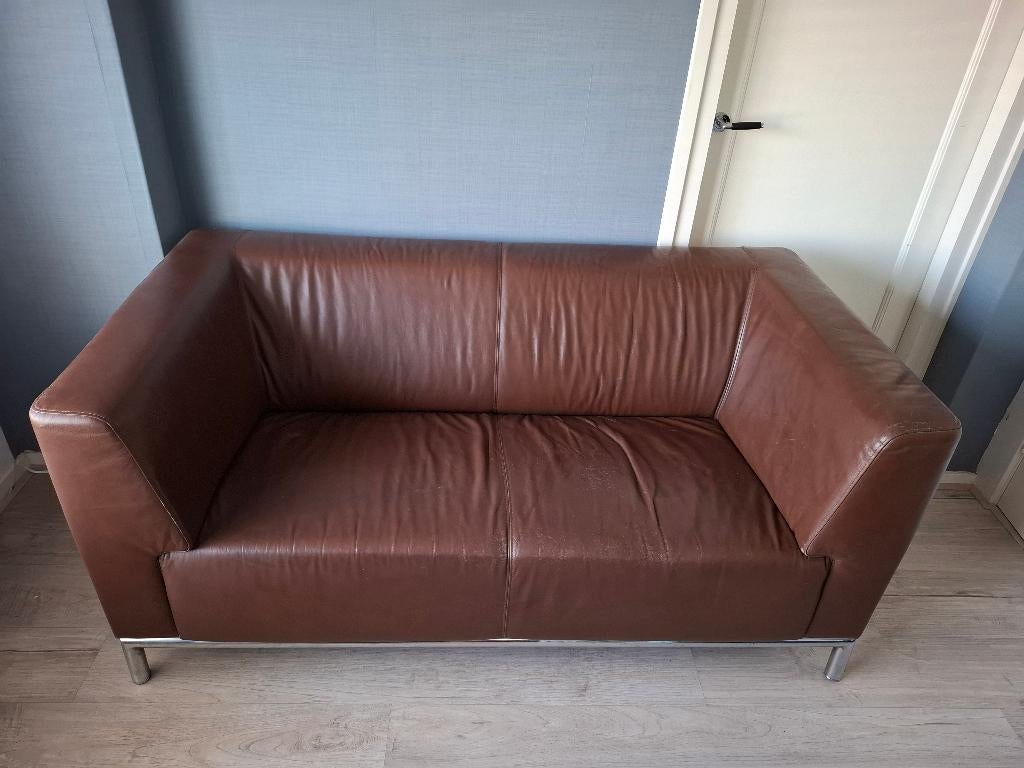 Montel 2 zits bank Cognac bruin leder met chroom pootjes, Ophalen, Gebruikt, 150 tot 200 cm, Tweepersoons