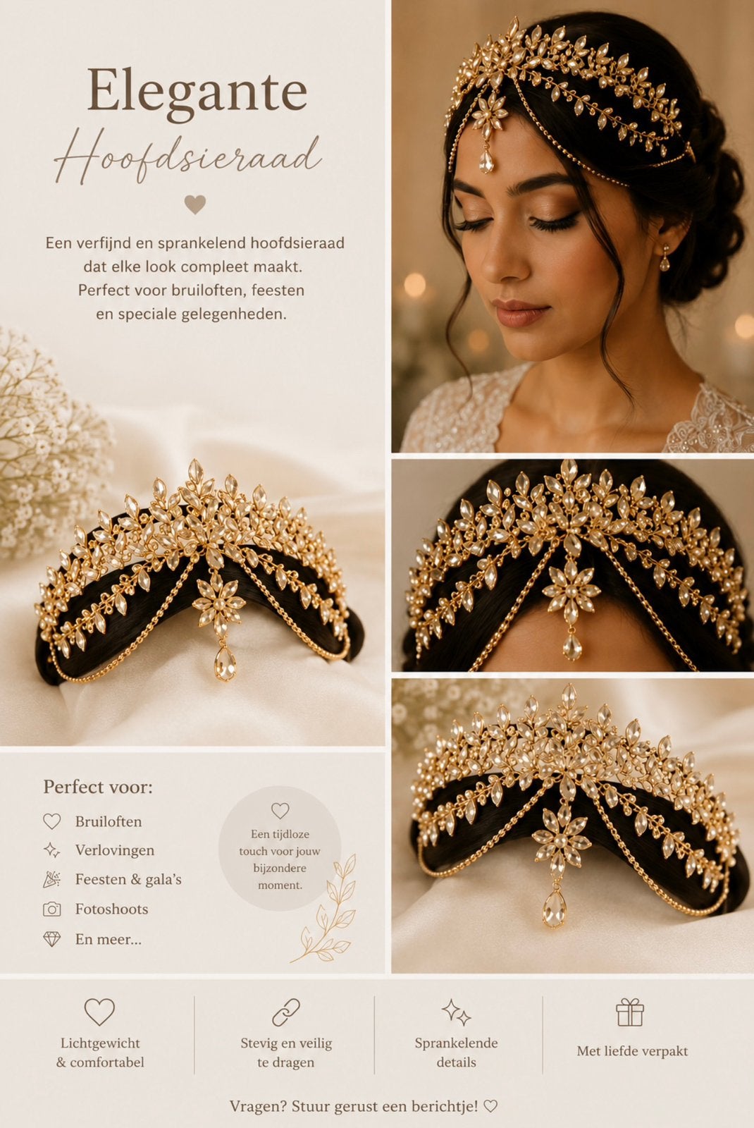 Gouden Hoofdsieraad met Strass - henna/kina, Sieraden, Tassen en Uiterlijk, Ophalen of Verzenden, Zo goed als nieuw