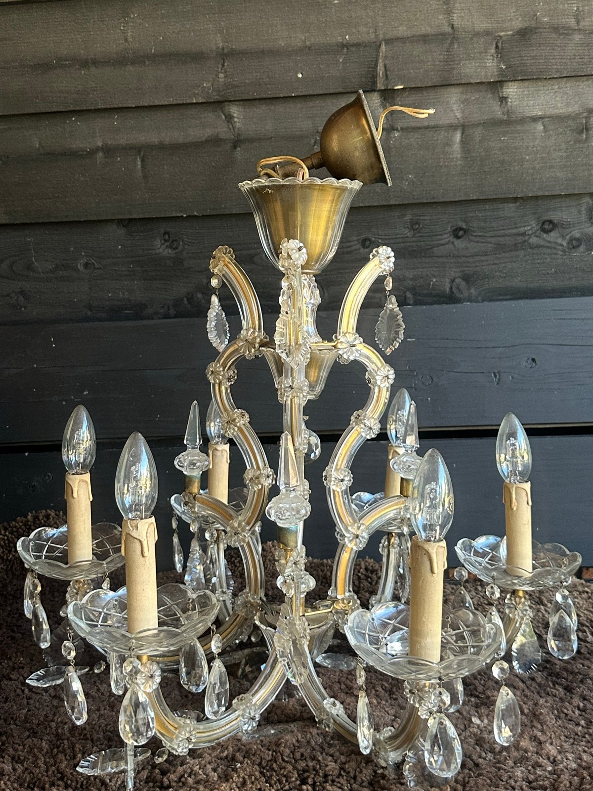 Elegante 6-armige kroonluchter met kristallen details, Ophalen, Gebruikt, Glas, E14 (klein)