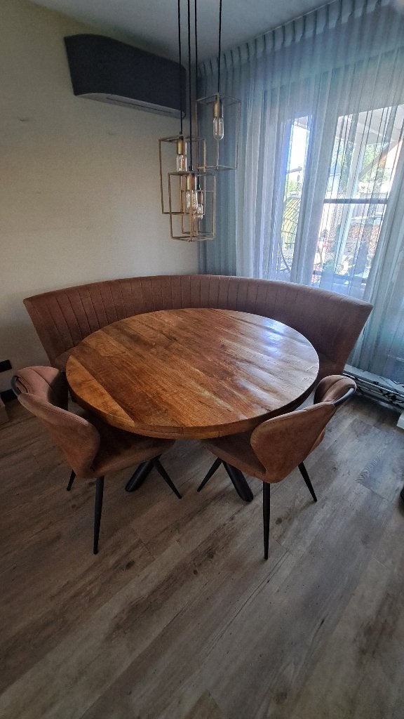 Ronde eetkamer set compleet – Mango tafel + bank + 2 stoelen, Ophalen, Gebruikt, Rond, Vier personen