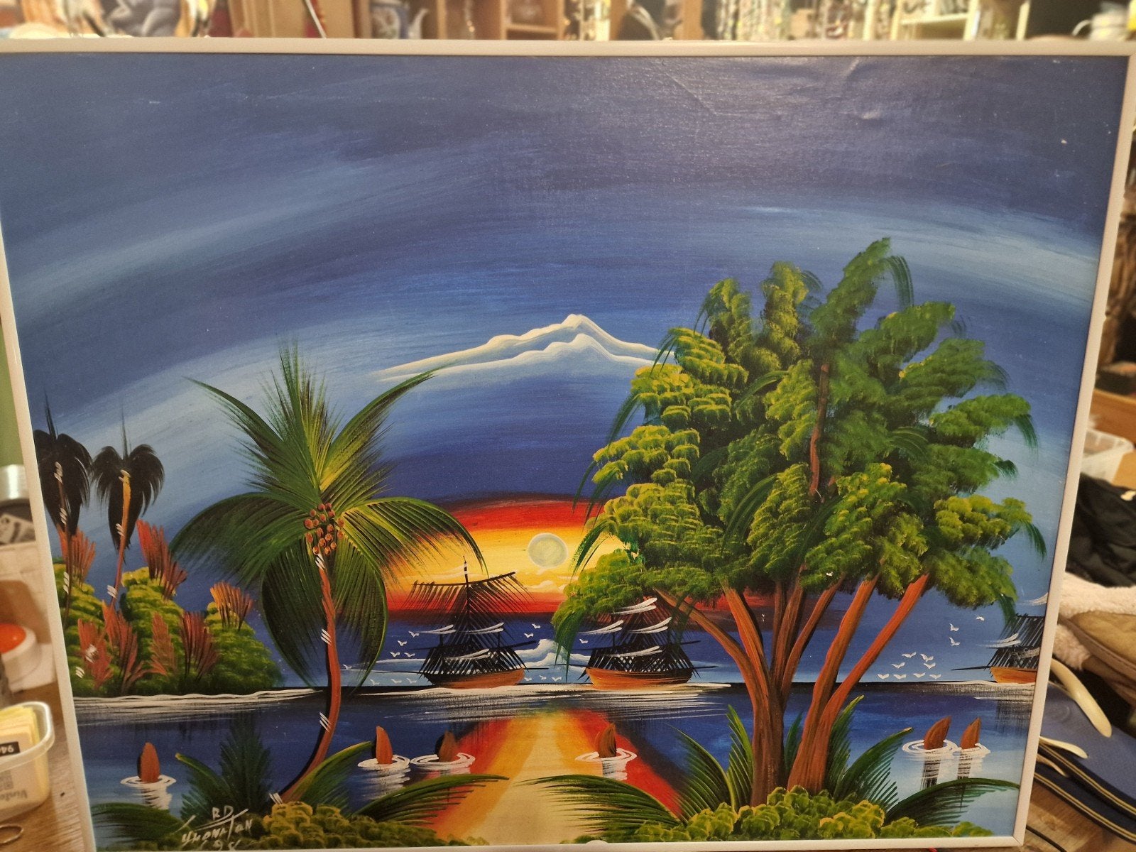 Schilderij 76x61 cm - Tropisch landschap met zeilschepen, Ophalen, Doek, Realistisch, Landschap