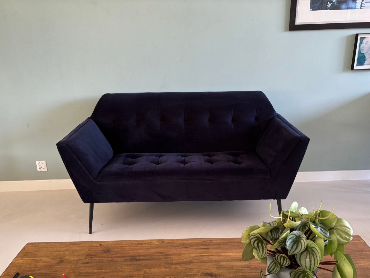 Bankje dutchbone Kate velvet donkerblauw, Ophalen, Gebruikt, Tweepersoons, 75 tot 100 cm