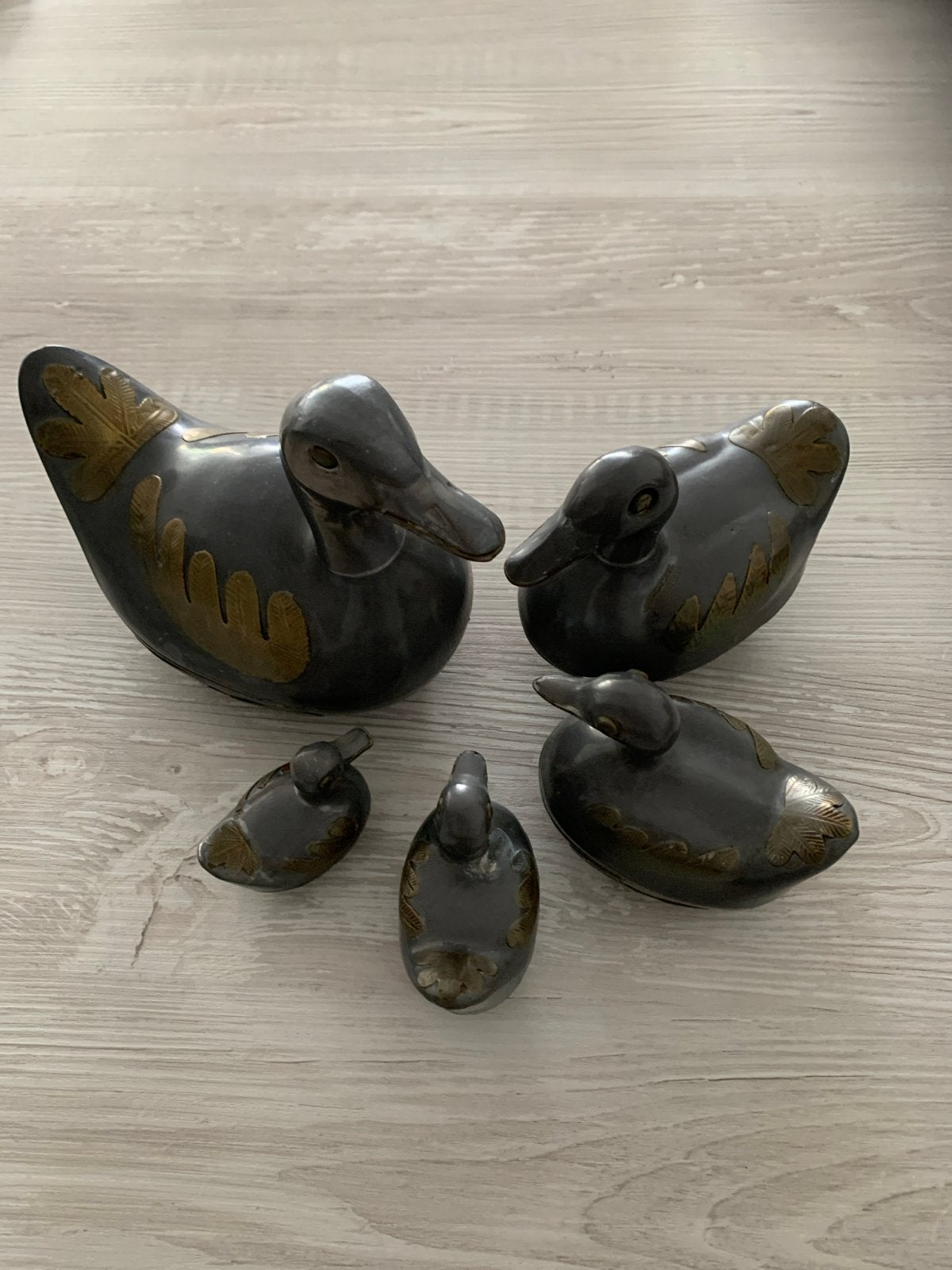 Set van 5 vintage metalen eenden - decoratieve beelden, Ophalen, Vintage, Metaal, Gebruikt