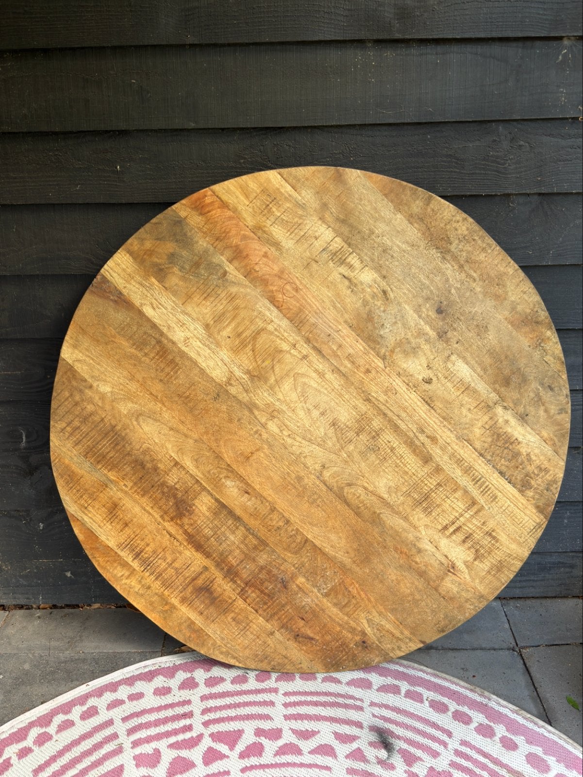 Rond tafelblad van mangohout - 130 cm diameter, 5 cm dik, Huis en Inrichting, Tafelonderdelen, Ophalen, Gebruikt, 100 tot 150 cm