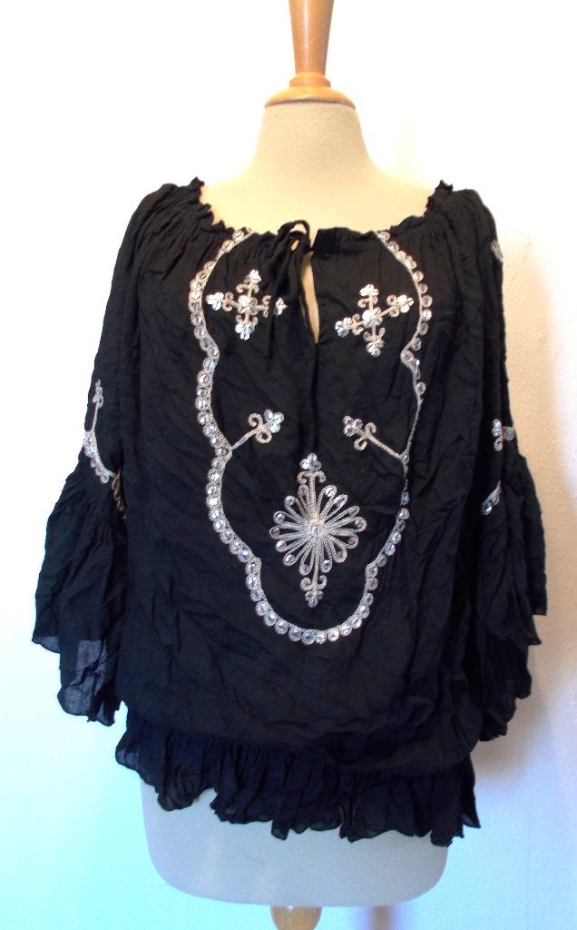 Zwarte bewerkte bohemian/Ibiza tuniek van Indico! L, Verzenden, Zo goed als nieuw, Maat 42/44 (L), Zwart