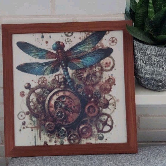 Handgemaakt Kruissteek Borduurwerk Libelle & Klokwerk, Minder dan 50 cm, Verzenden, Nieuw, Schilderij