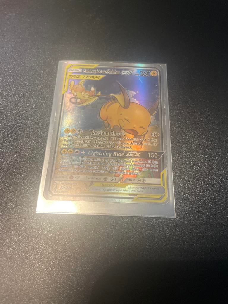 Raichu & Alolan Raichu GX TAG TEAM Pokémon Kaart, Ophalen of Verzenden, Gebruikt, Losse kaart, Foil