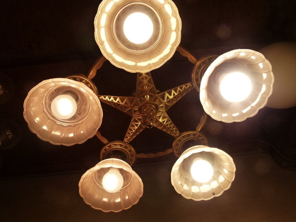 antieke art deco kroonluchter massief brons, Ophalen, Art deco, E27 (groot), Zo goed als nieuw