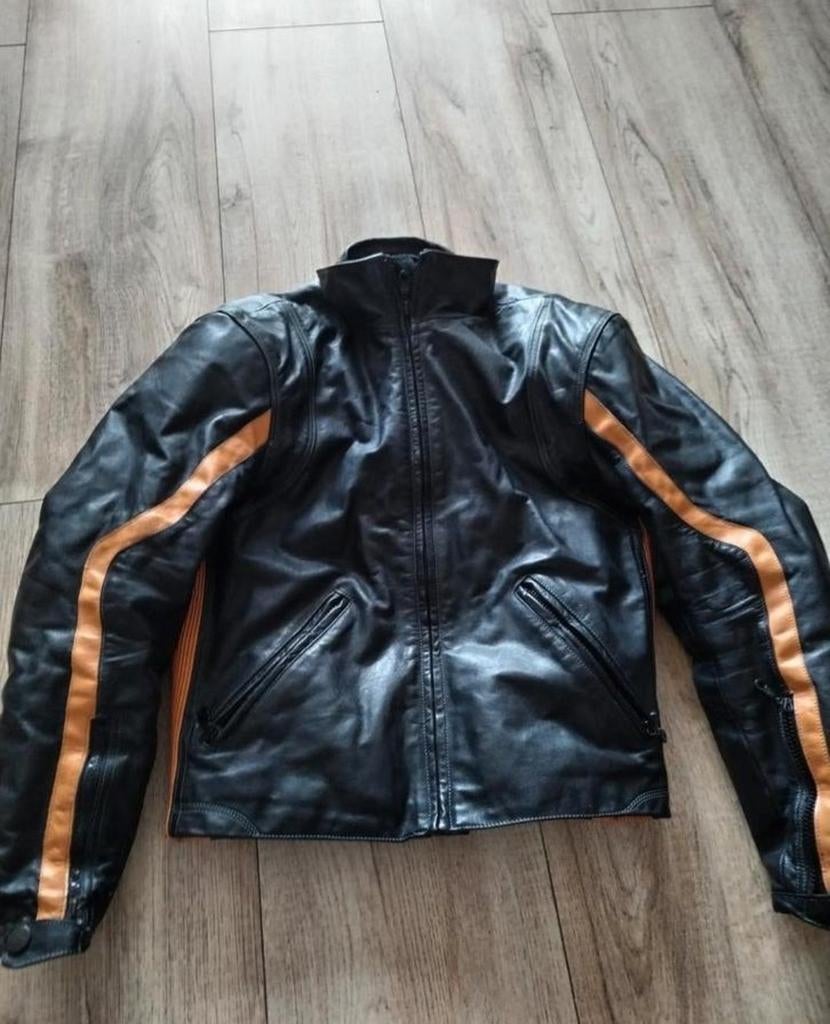 Ofinese Zwarte leren motorjas met oranje strepen S, Motoren, Kleding | Motorkleding, Dames, Ophalen of Verzenden, Tweedehands