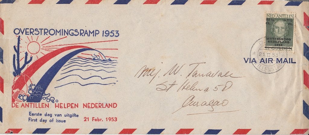 Nederlandse Antillen- 1953- Watersnood -23 - 1e Dag envelop, Postzegels en Munten, Verzenden, Beschreven, Rest van de wereld