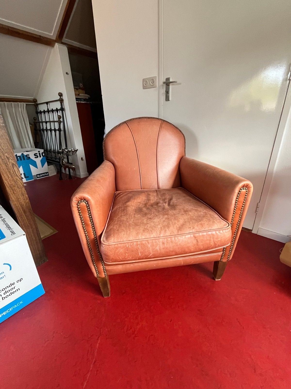 Gratis Vintage Leren Fauteuil - Cognac Kleur, Gebruikt, Ophalen of Verzenden, 50 tot 75 cm, Leer