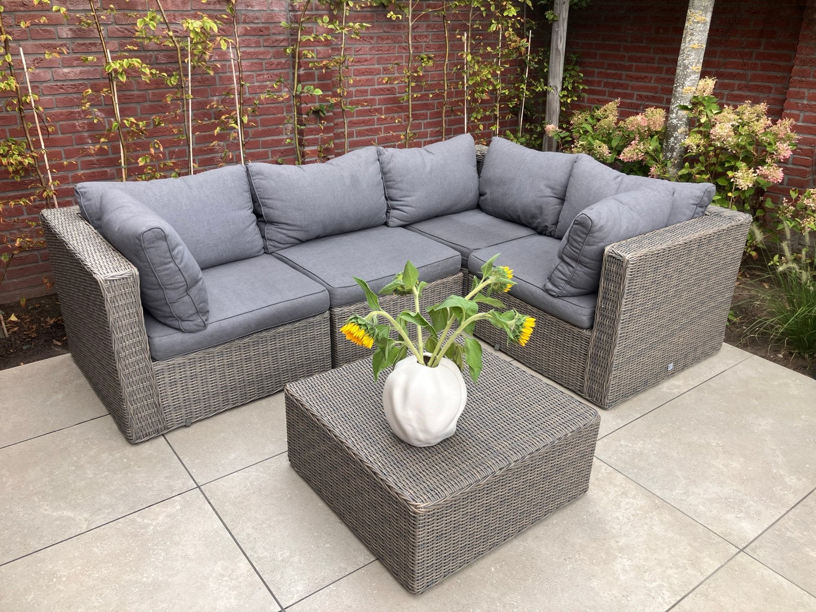 Loungebank met hocker - Wicker grijs/bruin- SUD, Ophalen, Gebruikt, 3 zitplaatsen, Loungeset