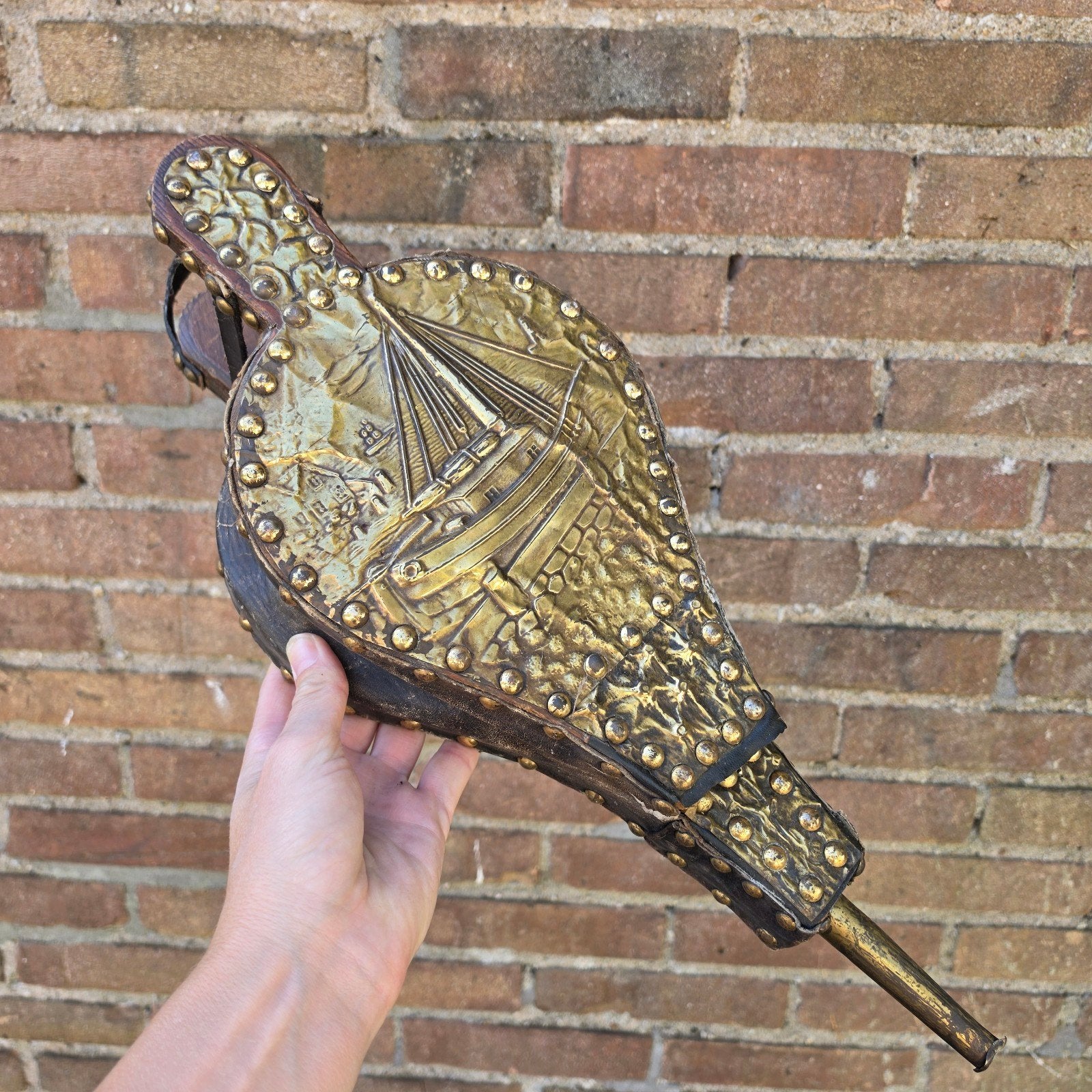 Antieke blaasbalg voor kachel met scheepsdecoratie, Antiek en Kunst, Ophalen of Verzenden