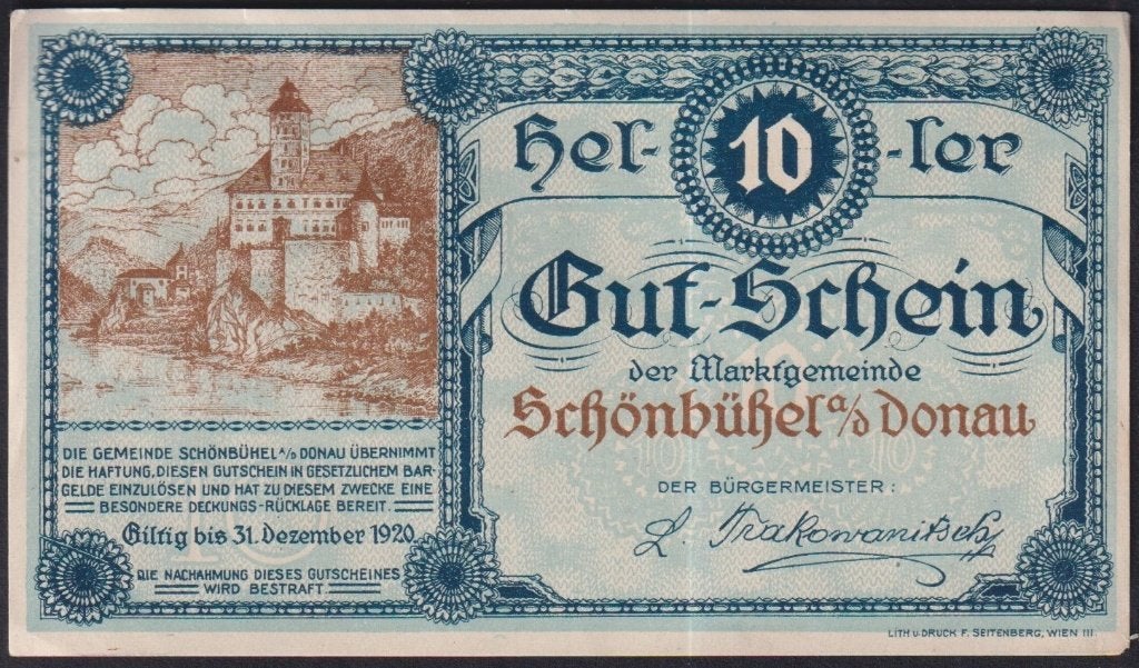 Setje van 3 Oostenrijkse Noodgeldbiljetten Schönbühel 1920, Postzegels en Munten, Verzenden, Setje