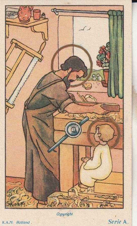 Vintage Heilige Jozef en Jezus Prent - K.A.M. Holland, Ophalen of Verzenden, Gebruikt, Kaart of Prent, Christendom | Katholiek
