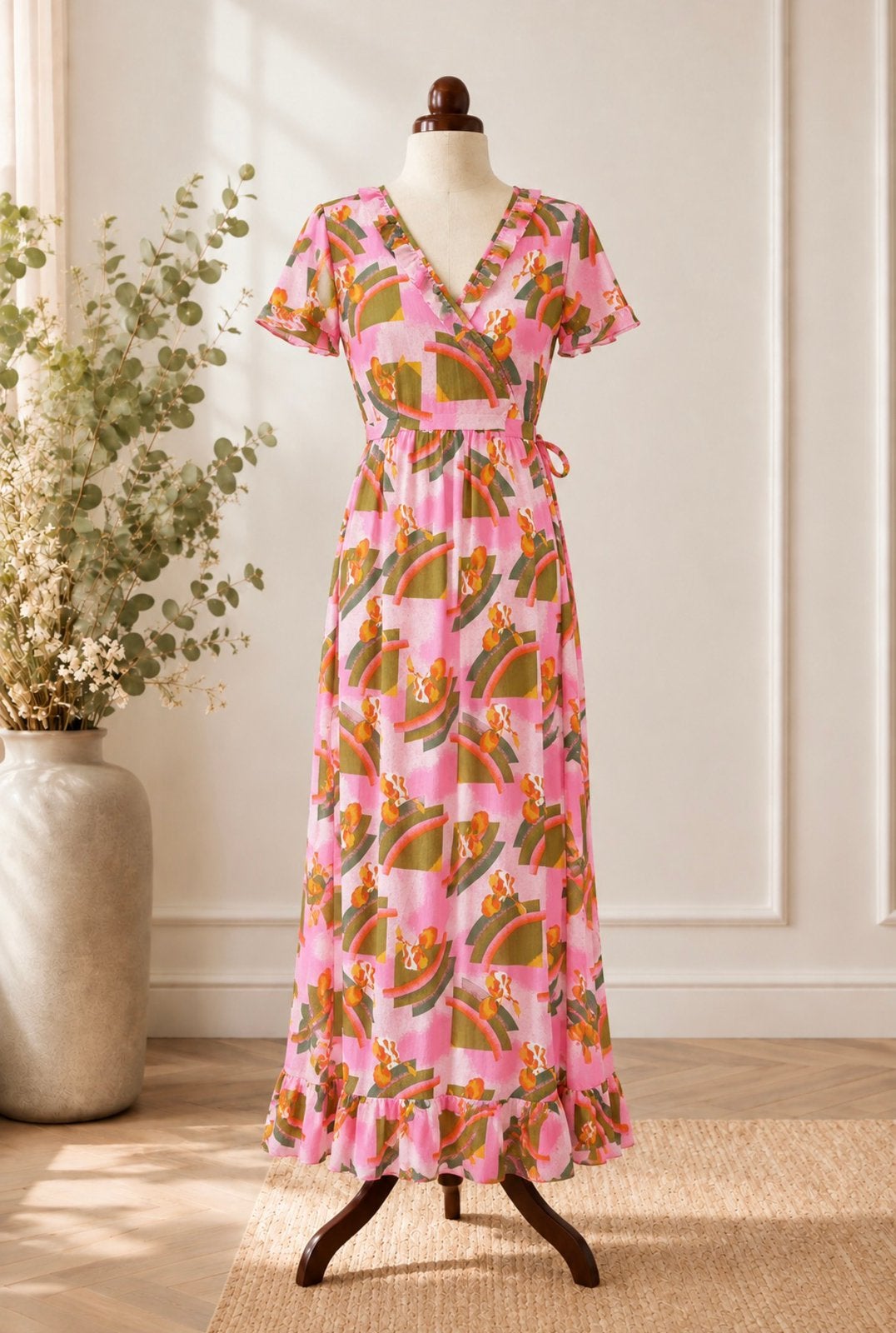 VINTAGE 70s TREVIRA maxi bloemenjurk-S🧡🌸NIEUWSTAAT, Meerkleurig, Ophalen of Verzenden, Zo goed als nieuw, Maat 36 (S)